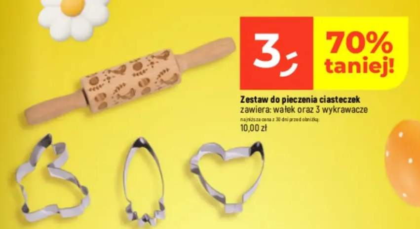 Zestaw do pieczenia ciasteczek zawiera: wałek oraz 3 wykrawacze