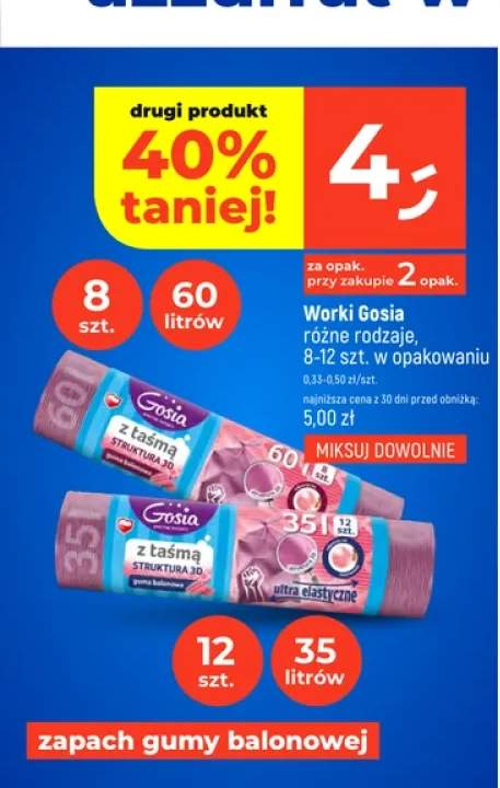 Worki z taśmą struktura 3D zapach gumy balonowej Gosia 60l 8-pak