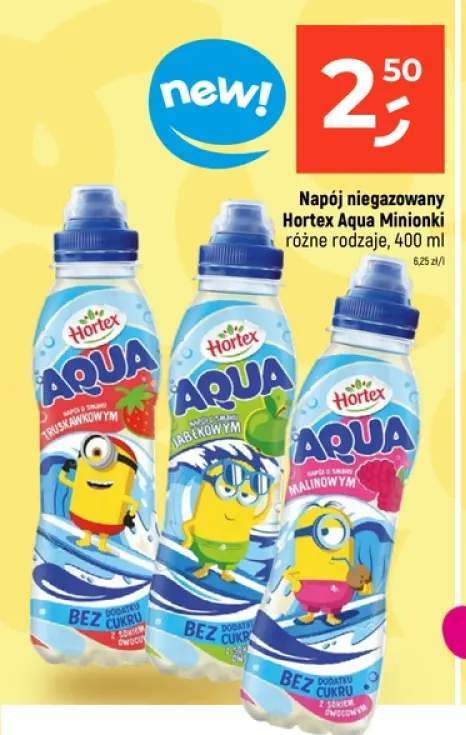 Napój niegazowany Hortex Aqua Minionki o smaku jabłkowym bez dodatku cukru