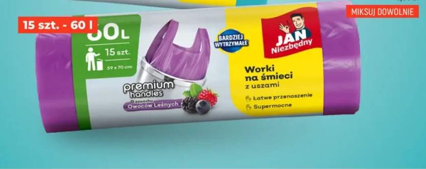Worki na śmieci z uszami Jan Niezbędny Premium Handles o zapachu Owoców Leśnych 15-pak 60 l
