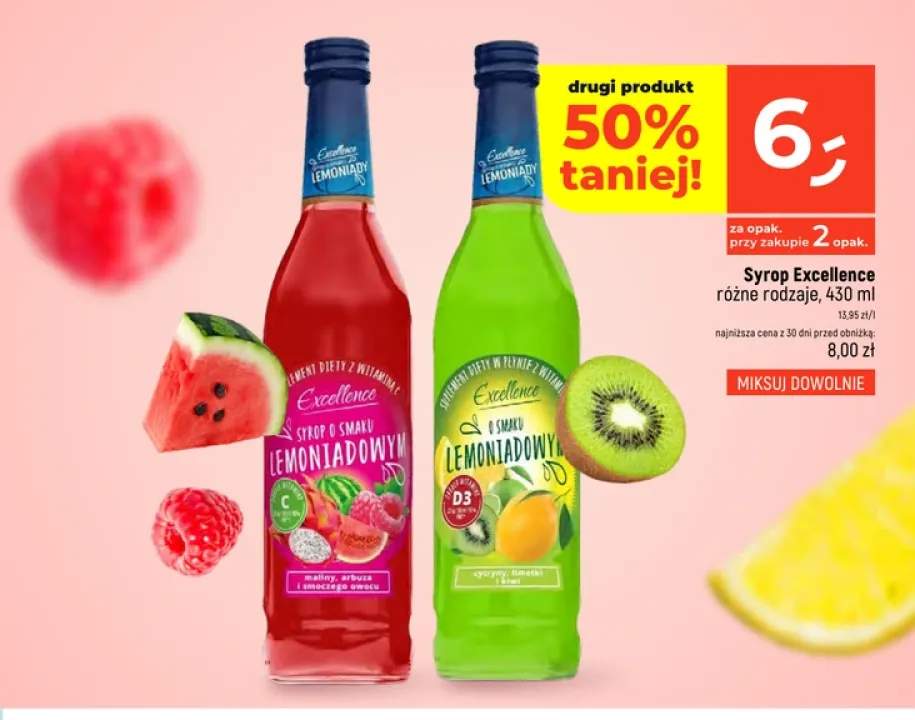 Syrop Excellence o smaku lemoniadowym maliny arbuza i smoczego owocu +1 wariant