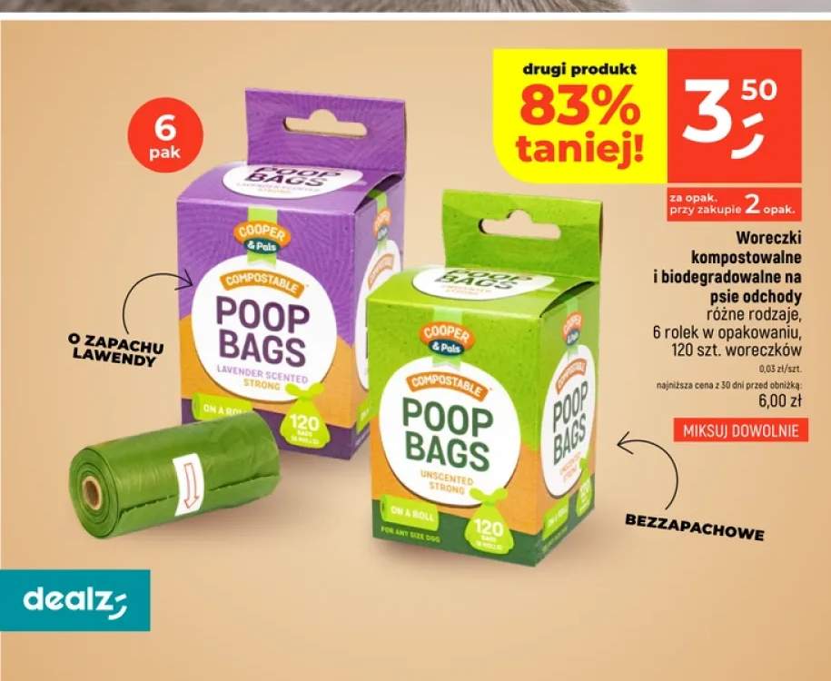 Woreczki kompostowalne i biodegradowalne na psie odchody o zapachu lawendy Cooper & Pals 6-pak +1 wariant