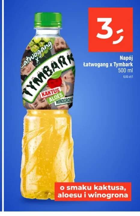 Napój Łatwogang x Tymbark o smaku kaktusa, aloesu i winogrona