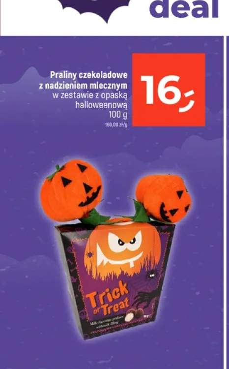 Praliny czekoladowe z nadzieniem mlecznym w zestawie z opaską halloweenową Trick or Treat