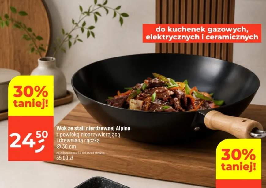 Wok ze stali nierdzewnej Alpina z powłoką nieprzywierającą i drewnianą rączką