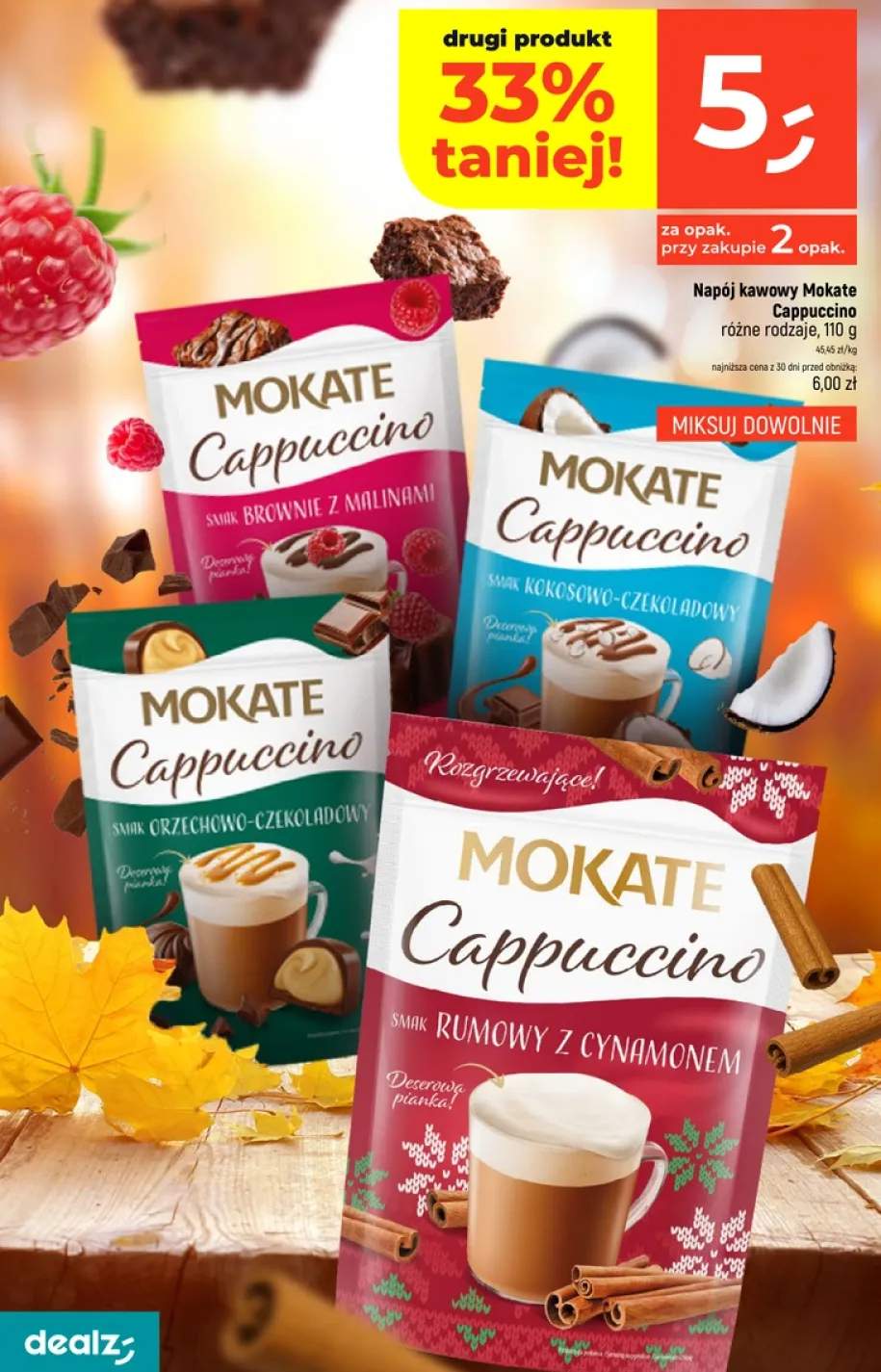 Kawa rozpuszczalna Napój kawowy Mokate Cappuccino smak brownie z malinami +3 warianty