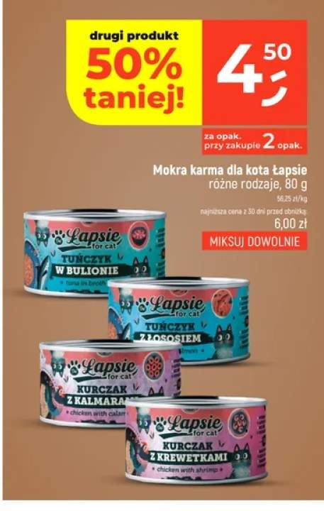 Mokra karma dla kota tuńczyk z łososiem Łapsie +3 warianty